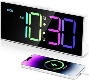 Alarm Clock with Large Display Big Numbers,5 Levels BrightnessSnooze,USB Charging Port,LED and Mirror Desk Clock,Dual Alarms Modern Electronic Clock for Bedroom Home Living Room Office. (White)