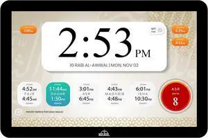 10" Digital Azan Clock with WiFi, Dynamic Touch Screen, Worldwide Prayer Times, Full Quran Player, Islamic Art, Streaming Halal Muslim Content: Duas, Dhikr, Hadith, Surah of The Day, Black