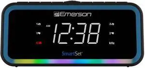 Emerson CKS1401 Smartset AM/FM Dual Alarm Clock Radio with 0.9 White LED Display with 4-Level Dimmer Control, USB-C Charging, and 2-Level Multi-Color LED Decor