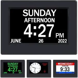 AINFTIME DST Clock with Day and Date for Elderly-3 Display Digital Calendar Alarm Day Dementia Alzheimers Clock with Extra Large Display (7in Black)