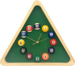 Yuanhe Billiards Pool Ball Clock - 14Inch Triangle Pool Table Cool Wall Clock with Solid Wood Frame,Great for Billiards Room,Pool Room,Game Room,Bar