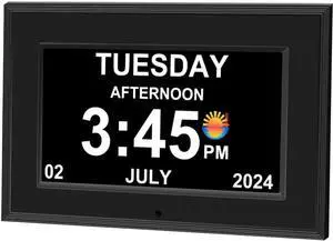 Alarm Clock with Day and Date for Elderly 7inch Digital Calendar Clock Photo Frame- Auto Dimmable Display 15 Alarm Options, Clock with Non-Abbreviated Day & Month (7inch / Black)