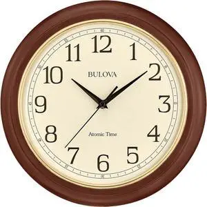 Bulova Atomic Time 2 Analog Wall Clock C5004 | 12.4" Wooden Frame, Sets Time Automatically | Quartz Movement | Battery Operated | Classic Design