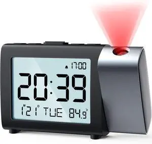 Projection Alarm Clock for Bedroom: Digital LCD Clock with Temperature Date Snooze 12/24H and Weekend Mode, Easy Set Dimmer Clock with 2-Levels Volume, Mains and Battery Operated