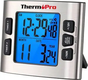ThermoPro TM02 24 Hours Digital Timer with Dual Kitchen Timers for Cooking, Stop Watches Magnetic Timer Clock with Adjustable Alarm Volume & LCD Backlit Display, Classroom Timer for Kids & Teachers