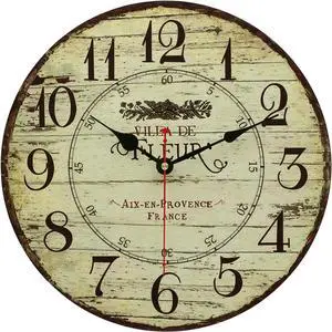 14 Inch Retro Vintage French Country Style Round Wooden Wall Clock Silent Battery Operated Non-Ticking Decorative Clock for Kitchen Farmhouse Bedroom Home Wall