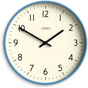 JONES CLOCKS® Studio Wall Clock | Modern Round Clock | 12 inch | Mid Blue | Easy to Read Numbers | Versatile Design for Kitchen, Living Room or Office