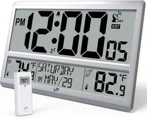 LFF Atomic Clock 4.5" Numbers, Atomic Wall Clock with Indoor & Outdoor TemperatureNever Needs Setting, Battery Operated, Date, Time, Wireless Outdoor Sensor, Jumbo Display Easy to Read