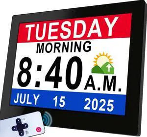 Véfaîî 19 Alarms Dementia Clock 8 Inch Large Display, Auto DST, 10 Levels Auto Dimmable, Non-Abbreviated Date and Day Calendar Clock for Seniors, with Power Adaptor, Picture Frame Feature
