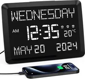 11.5 Digital Wall Clock with Date,Time,Week,Indoor Temperature,3 Alarms,5 Dimmer,2 USB Chargers,Battery Backup,Snooze,12/24H for Elderly,Parents,Impaired Vision,Dementia,Memory Loss,Office,Bedroom