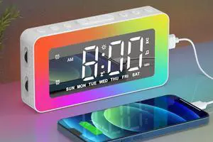 Alarm Clocks for Bedrooms, Mirror Clock with 8 RGB Atmosphere Light, Dual Alarms, 3 Alarm Modes, Snooze, Sleep Aid, Timer, USB Charger, Bedside Digital Alarm Clock for Kids, Adults, Heavy Sleepers