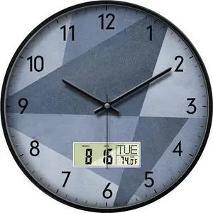 SCAOGE Industrial Wall Clock with Day Week Temperature Grayish Blue Non-Ticking Digital Clocks Large Display Battery Operated Wall Mount Analog Clock with Date for Living Room Bedroom Decor 12 Inch