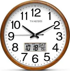 Wall Clock, Classic Wood Style Finish, 13 Inch Non-Ticking Silent Battery Operated Quartz Analog with Perpetual Calendar and F° Temperature Display, Home, Office Décor (Chestnut Yellow)
