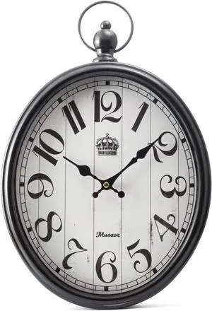 Oval Large Wall Clock Silent Non-Ticking Metal Battery Operated Retro Wall Clock Antique Design Rustic Vintage Style Decor Wall Clock for Living Room Kitchen Farmhouse 16 inch (black, 16inches)