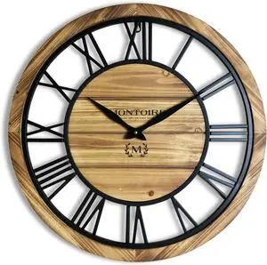 Montoire 24 Inch Wooden Farmhouse Wall Clock, Extra Large for Living Room Decor - Big Rustic Wood Large Round Wall Clock 24 Inches or Larger, Battery Operated with Decorative Roman Numerals