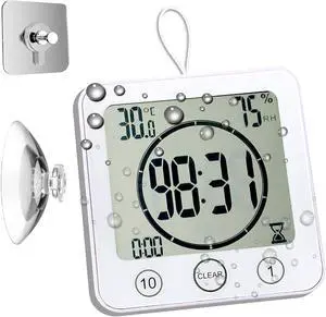 Waterproof Hanging Wall Clock Shower Timer, Large Digital Bathroom Alarm Clock for Kids, Big Visual Kitchen Cooking Countdown Timer, Bath Temperature Humidity Meter Mirror Suction Cup Timer (White)