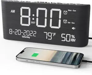 Raynic Alarm Clock, 8.7 Inch Digital Clock, Alarm Clock with USB and Type-C Charger,Dual Alarms,Temperature, Humidity,Date, 5 Adjustable Volume and 5 Dimmer for Bedroom Living Room Office (Grey)