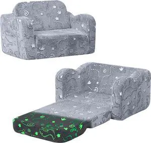 MeMoreCool Kids Dinosaur Couch, Foldable Toddler Chair, Glow in The Dark Convertible Sofa Bed, Fold Out Lounge for Boys Ages 1-3 in Playroom, Comfy Recliner Lounger (Gray)