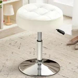 White Vanity Chair for Makeup Room Round Ottoman Tufted PU Leather Makeup Chair Vanity Stools for Bathroom Height Adjustable 360 Swivel