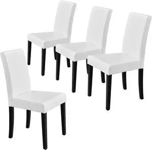 Yaheetech Dining Chairs Set of 4 PU Leather Upholstered Parsons Dining Chairs with Solid Wood Legs for Kitchen/Living Room/Restaurant, Modern Style, White