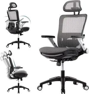 COLAMY Ergonomic Mesh Office Chair with Footrest, High Back Computer Executive Desk Chair with Headrest and 4D Flip-up Armrests, Adjustable Tilt Lock and Lumbar Support-Grey