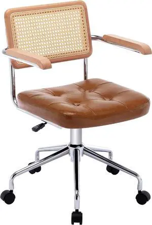 Zesthouse Modern Home Office Chair Leather Desk Chair with Natural Rattan Back, Vanity Chair for Girls Women, Upholstered Tufted Swivel Armchair, Height Adjustable Computer Task Chair