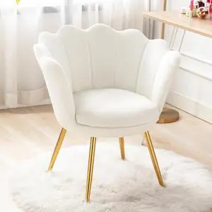 chairus Small Accent Chair for Living Room, Velvet Gold Cute Vanity Chair with Back for Makeup Room, Upholstered Shell Shaped Office Guest Modern Chair Arm Chair, Cream White