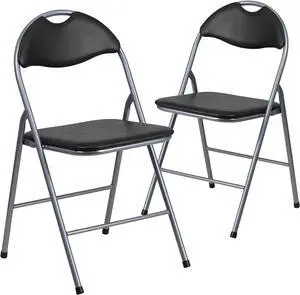 Flash Furniture 2 Pack HERCULES Series Black Vinyl Metal Folding Chair with Carrying Handle