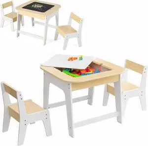 Costzon Kids Table and Chair Set, 3-in-1 Wooden Activity Table with Removable Tabletop, Blackboard & Whiteboard, Storage Space for Arts Crafts Nursery Preschool, Toddler Table and Chairs (Natural)