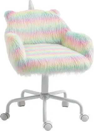 HOMCOM Fluffy Unicorn Office Chair with Mid-Back and Armrest Support, 5 Star Swivel Wheel White Base, Rainbow