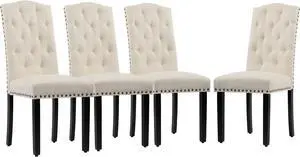 DAGONHIL Dining Chair Set of 4 Upholstered Dining Room Chairs with Nailhead Trim,Armless Kitchen Chair with Wood Legs for Home Kitchen Living RoomBeige