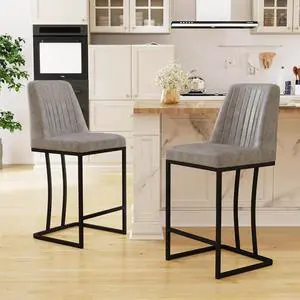LSSPAID Bar Stools Set of 2, 24.8 inch Modern Upholstered Fabric Counter Height Barstools, Kitchen Island Chairs with Black Metal Legs, Grey