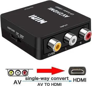 JAENFONG RCA to HDMI, AV to HDMI, 1080P Mini RCA Composite CVBS AV to HDMI Video Audio Converter Adapter Compatible with Xbox PS3 PS4 STB VHS VCR Camera DVD Game Console, Black