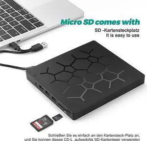 JAENFONG 7 -in-1 External CD DVD Drive USB 3.0 Type-C Portable DVD/CD ROM +/-RW Drive Burner Rewriter with 4 USB Ports and 2 SD Card Slots for Windows 10 Laptop Desktop PC, MacBook Pro/ Air, iMac