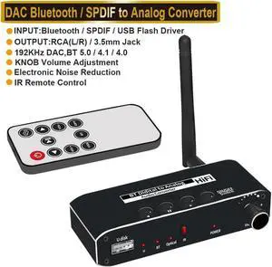 JAENFONG Digital to Analog Audio Converter with Remote, 192KHz/24bit Digital Coaxial Toslink to Analog L/R RCA 3.5mm Audio with Toslink Cable & Remote