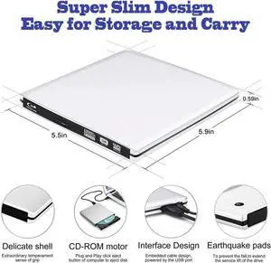 JAENFONG  Aluminum External DVD Blu-Ray Burner Player Drive USB 3.0 Type-C CD DVD +/-RW Optical Drive Slim CD/DVD ROM Rewriter Writer Reader Portable for Laptop Desktop MacBook Mac OS Windows, Silver