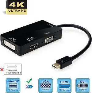 JAENFONG 3-in-1 4K Mini DisplayPort (Thunderbolt) to DVI VGA HDMI TV Adapter Cable for Apple iMac and MacBook Surface Book Surface Pro 3/4 ThinkPad X1 (4K,Black)