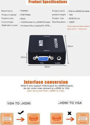 JAENFONG VGA to HDMI, 1080P Full HD Mini VGA to HDMI Audio Video Converter Adapter Box with USB Cable and 3.5mm Audio Port Cable for Computer, Desktop, Laptop, PC, Monitor, Projector, HDTV - Black