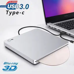 JAENFONG External DVD Blu-Ray Burner Drive with One Touch Pop up, USB 3.0&Type C Dual Port DVD Blu-Ray Burner Writer Rewriter, High Speed Data Transfer for Laptop Notebook Desktop PC MAC OS Windows