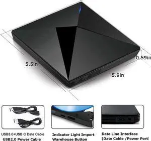JAENFONG USB 3.0 & USB-C External DVD Drive, Portable CD DVD RW Drive Burner Writer Optical Player for USB Type-C Windows Laptop Mac MacBook Pro Air iMac, Black