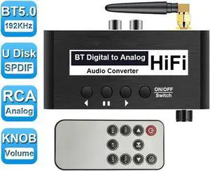 JAENFONG 192KHz DAC Digital to Analog Audio Converter with USB Disk & Bluetooth 5.0 Receiver, Optical to RCA Converter with 3.5mm Audio Adapter with Volume Adjustment & Remote