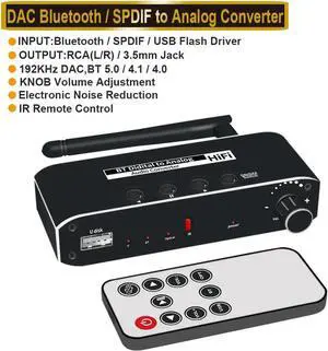 JAENFONG 192KHz DAC Digital to Analog Converter with Headphone Amplifier Built-in Bluetooth V5.0 Receiver USB Disk Music Player Volume Adjustable Digital SPDIF TOSLINK to Stereo L/R & 3.5mm Jack