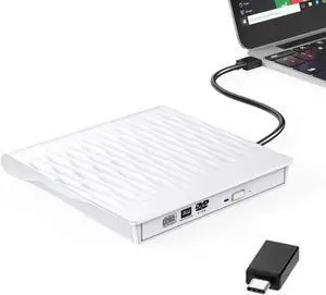JAENFONG  External CD DVD Drive, USB 3.0/Type-C Slim Protable External CD-RW Drive DVD-RW Burner Writer Player for Laptop Notebook PC Desktop Computer, Black, (SLS01) White