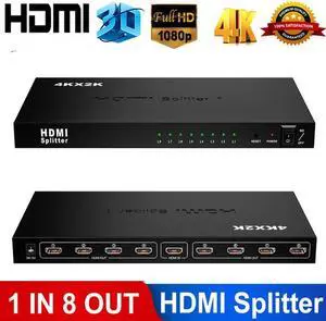 4K 1x8 HDMI Splitter, 1 in 8 Out HDMI Splitter Audio Video Distributor Box Support Full HD 3D & 4K x 2K Compatible for PS 3/4, Xbox,HDTVs, projectors, PC monitors,Blu-ray DVD player- Adapter Included