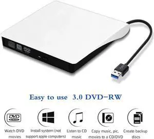 JAENFONG External CD Drive, USB 3.0 Portable CD DVD +/-RW Drive Slim DVD/CD ROM Rewrite Burner Writer with High Speed Data Transfer for Laptop/Mac Book/Desktop/Ma Cos/Windows10/8/7 , White JAENFONG External CD Drive, USB 3.0 Portable CD DVD +/-RW Drive Slim DVD/CD ROM Rewrite Burner Writer with High Speed Data Transfer for Laptop/Mac Book/Desktop/Ma Cos/Windows10/8/7 , White
