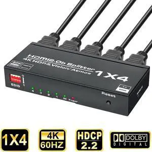 JAENFONG 1x4 HDMI Splitter, 1 in 4 Out HDMI Splitter Audio Video Distributor Box Support 3D & 4K x 4K@60Hz HDR10 EDID Compatible for HDTV, STB, DVD, PS3, Projector Etc