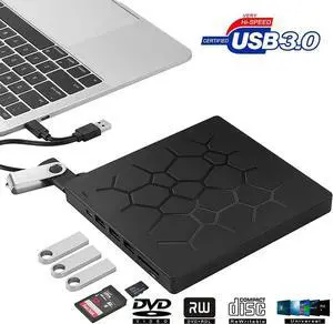7 -in-1 External DVD Drive, USB 3.0 Portable CD/DVD+/-RW Drive/DVD Player for Laptop CD ROM Burner with 4 USB Ports and 2 SD Card Slots Compatible with Laptop Desktop PC Windows Linux OS Apple Mac
