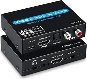 JAENFONG  HDMI 2.0 Audio Extractor Converter with Compatible with Dolby Digital Decoding 18Gbps 4K 60Hz + 1080P@120Hz + 1080P@144Hz + SPDIF + RCA HDCP 2.2 HDR10