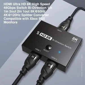 JAENFONG HDMI-compatible 8K HD 2.1 Switch 8K@60Hz 4K@120Hz Bi-Direction 2x1/1x2 High Speed 48Gbps Splitter for PS4 TV Box HDTV Xbox Projector
