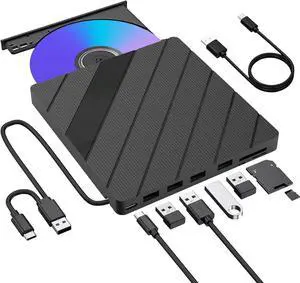 JAENFONG 8-in-1 External CD DVD Drive for Laptop, USB C Portable CD/DVD +/-RW Burner DVD Player for Laptop with SD/TF Card Reader USB 3.0 Type C Hub Compatible with Laptop PC Windows Linux